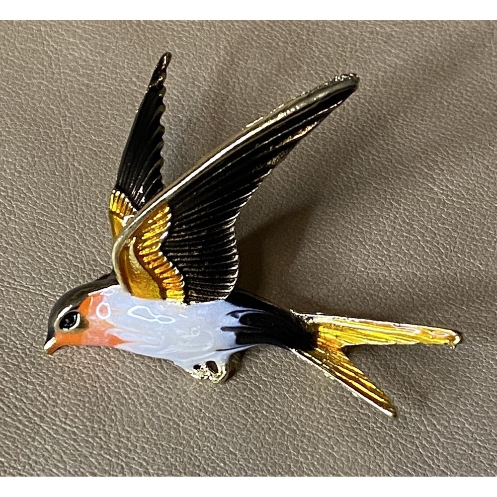 Barn Swallow Bird Brooch Enameled Over Gold Tone Metal Spring/Summer Bird Lover